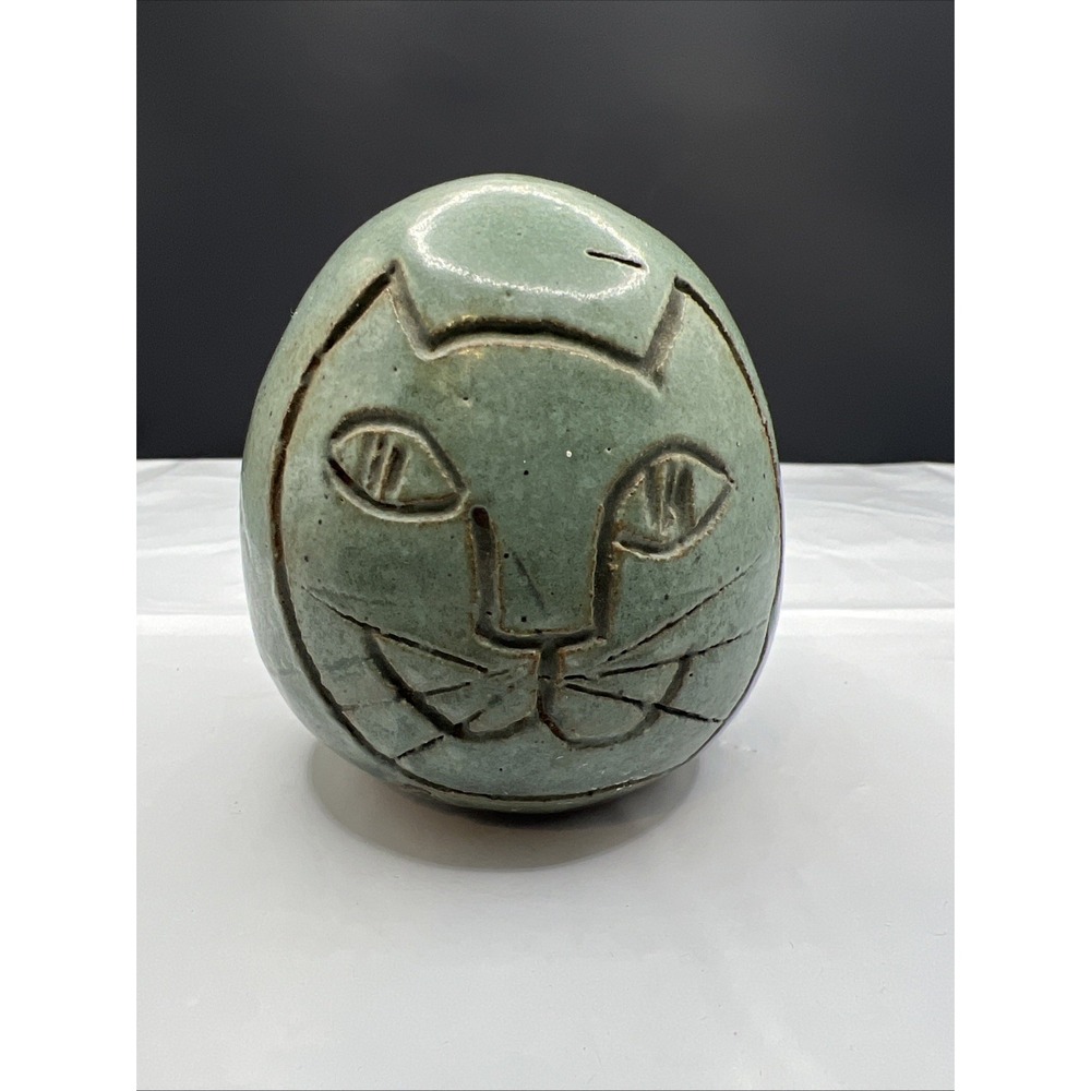 Vtg DIC Ceramic Cat Sphere Bank MCM Green Celadon Terracotta Pottery Figurine